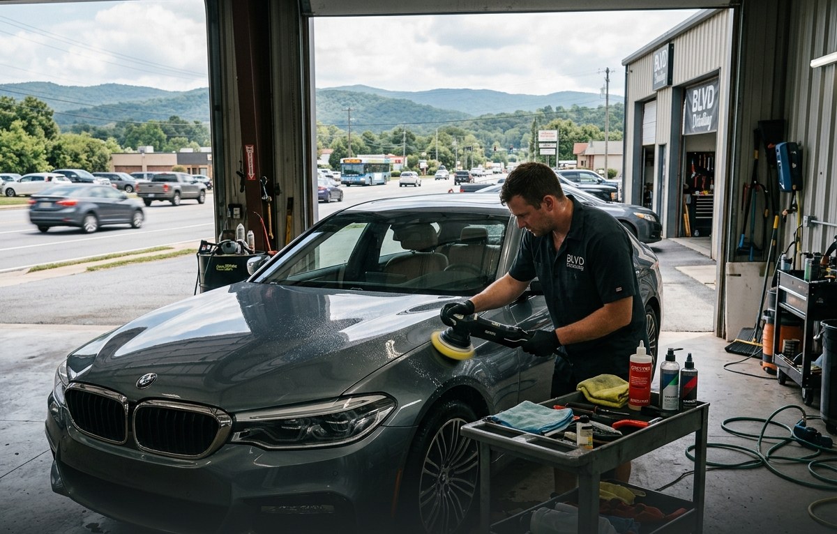BLVD Detailing technician polishing a car in the shop, Upstate South Carolina mountains visible through the open bay door